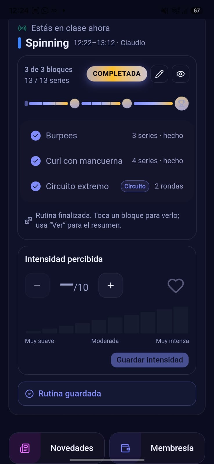 Widget de clase en vivo: registra tus cargas y tu esfuerzo sin salir de la sesión.