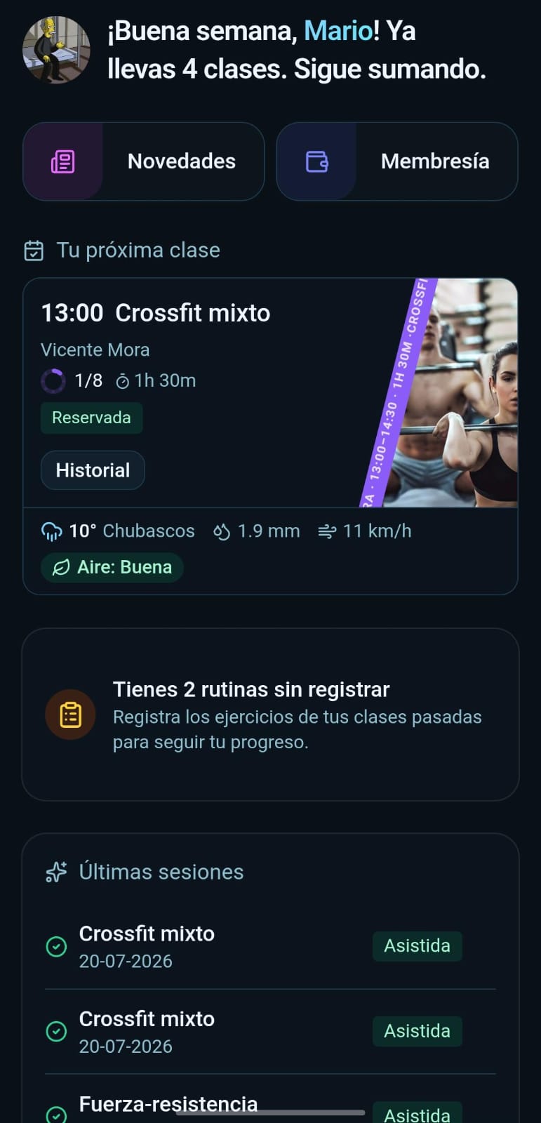 Panel de inicio de un miembro en PhullApp, con su próxima clase y su progreso.