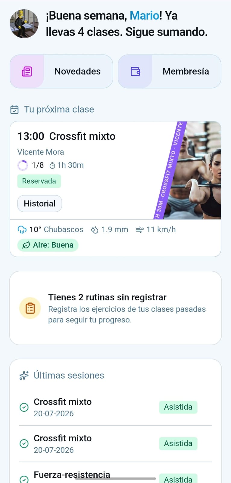 Panel de inicio de un miembro en PhullApp, con su próxima clase y su progreso.