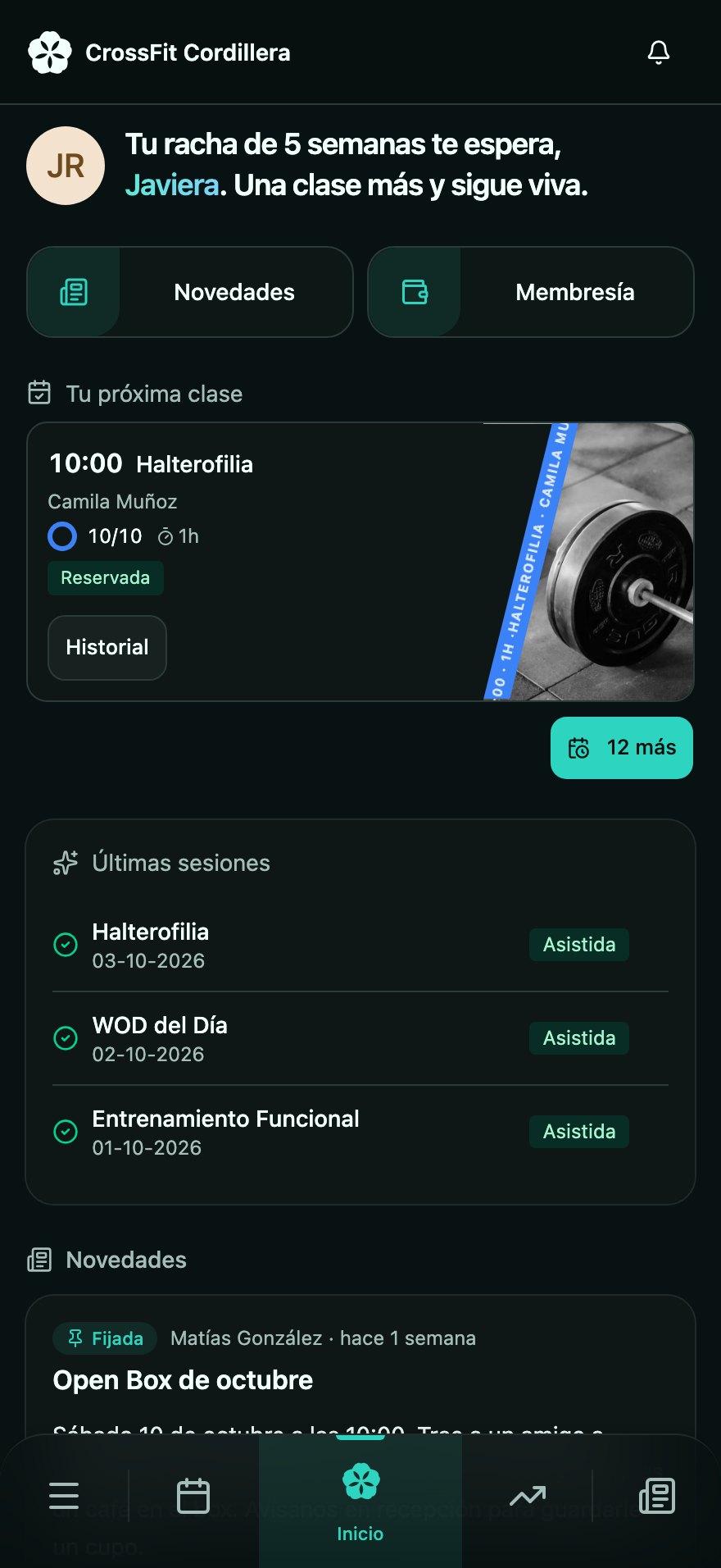 Panel de inicio de una socia en PhullApp, con su próxima clase, su racha y sus últimas sesiones.