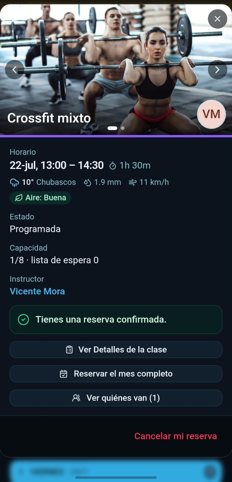 Pantalla de reserva de una clase en PhullApp, lista para confirmar en segundos.
