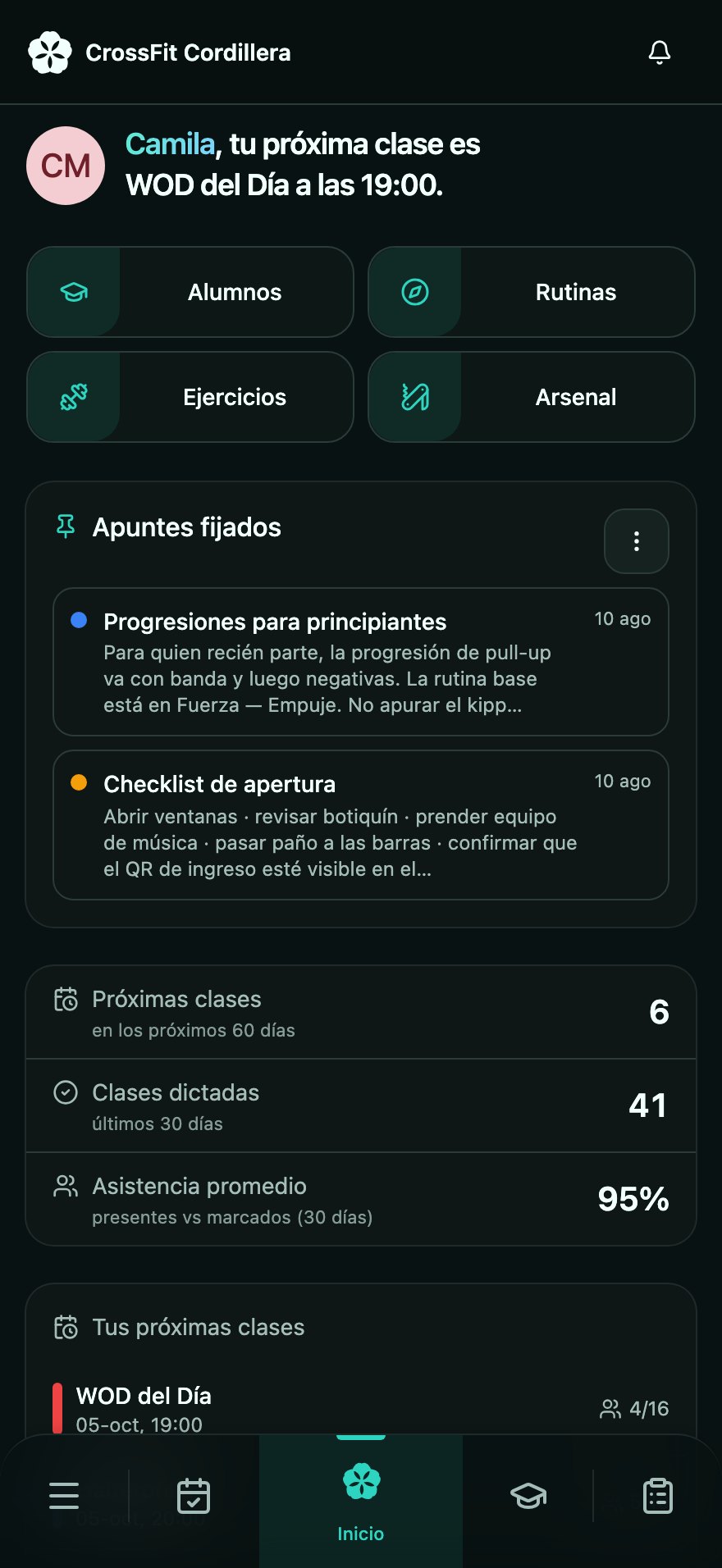 Panel de una instructora: su próxima clase, accesos a alumnos y rutinas, apuntes fijados y la asistencia de sus clases.