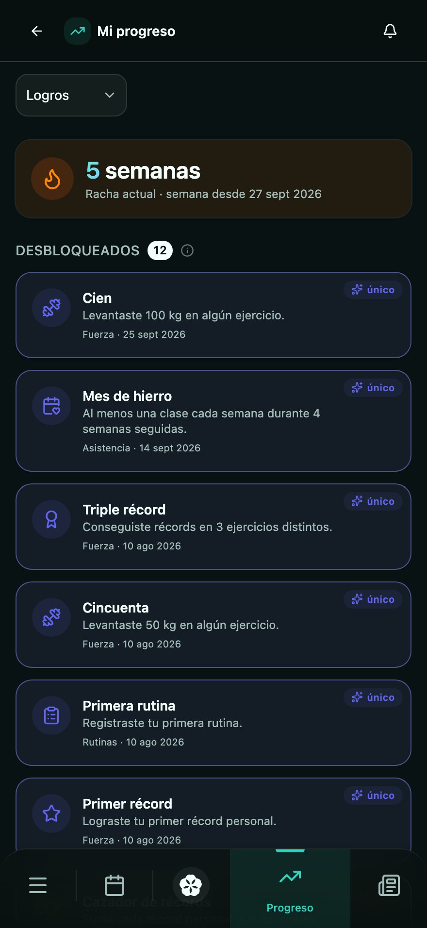 La racha de semanas de una socia y los logros que ya desbloqueó.
