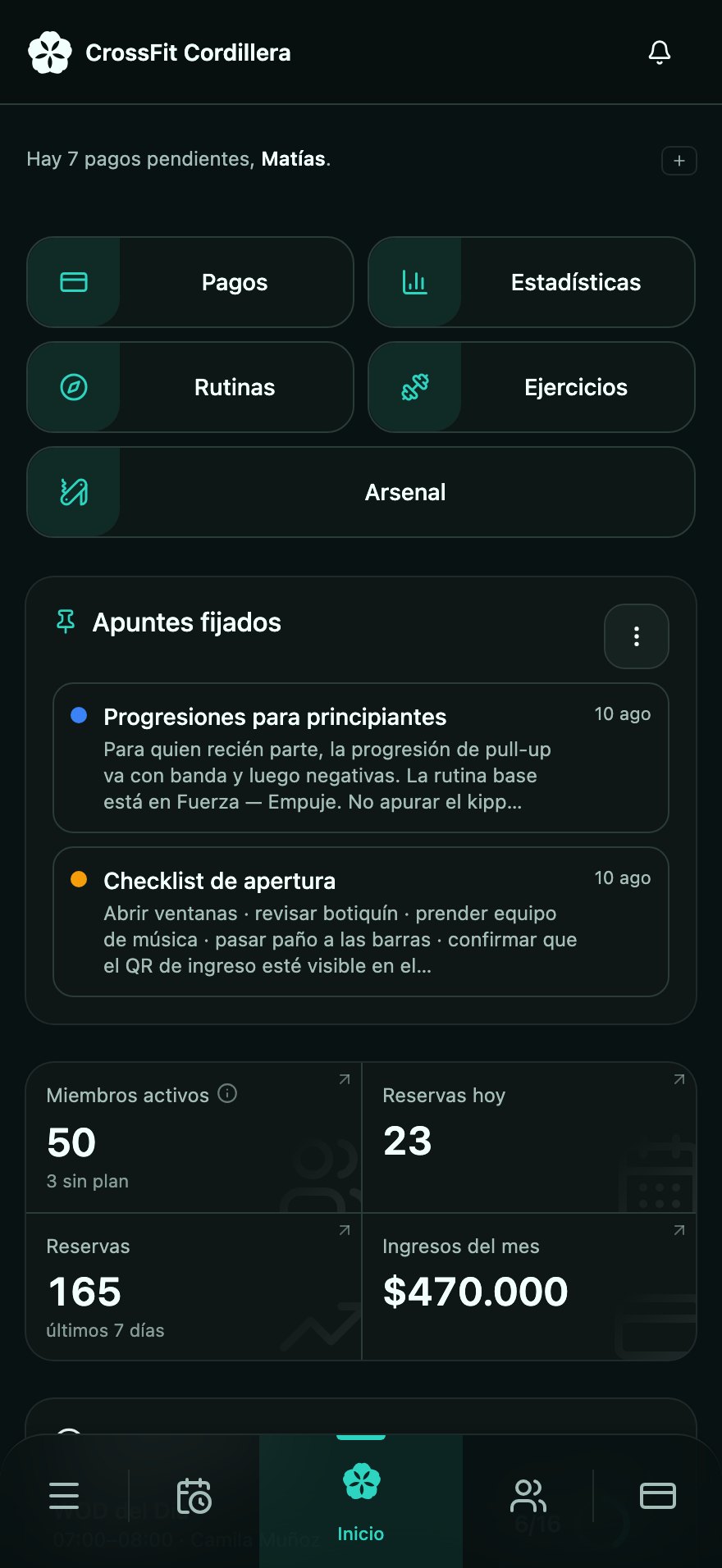 Panel del administrador: accesos a pagos, estadísticas y rutinas, apuntes fijados, miembros activos, reservas de hoy e ingresos del mes.
