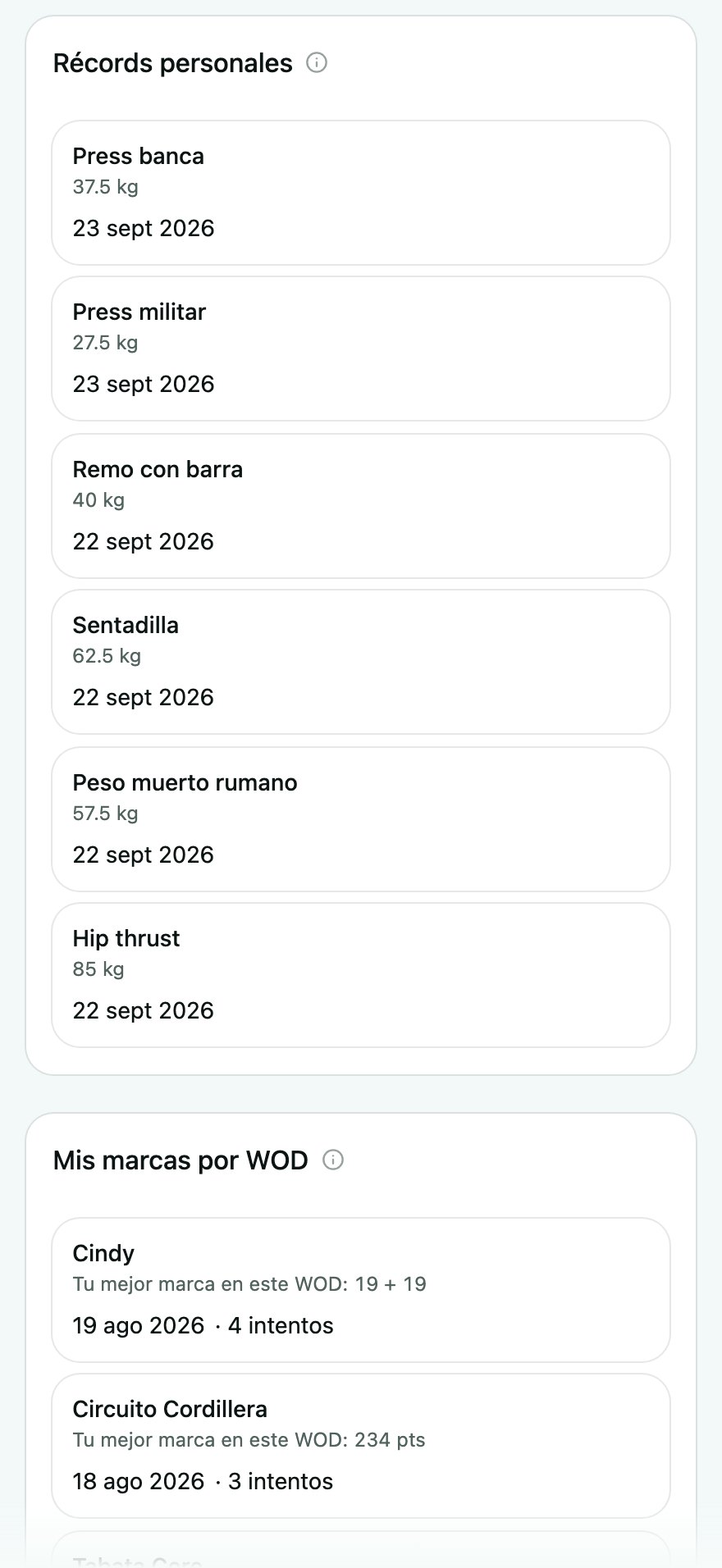 Los récords personales de una socia, ejercicio por ejercicio, y sus mejores marcas en cada WOD.