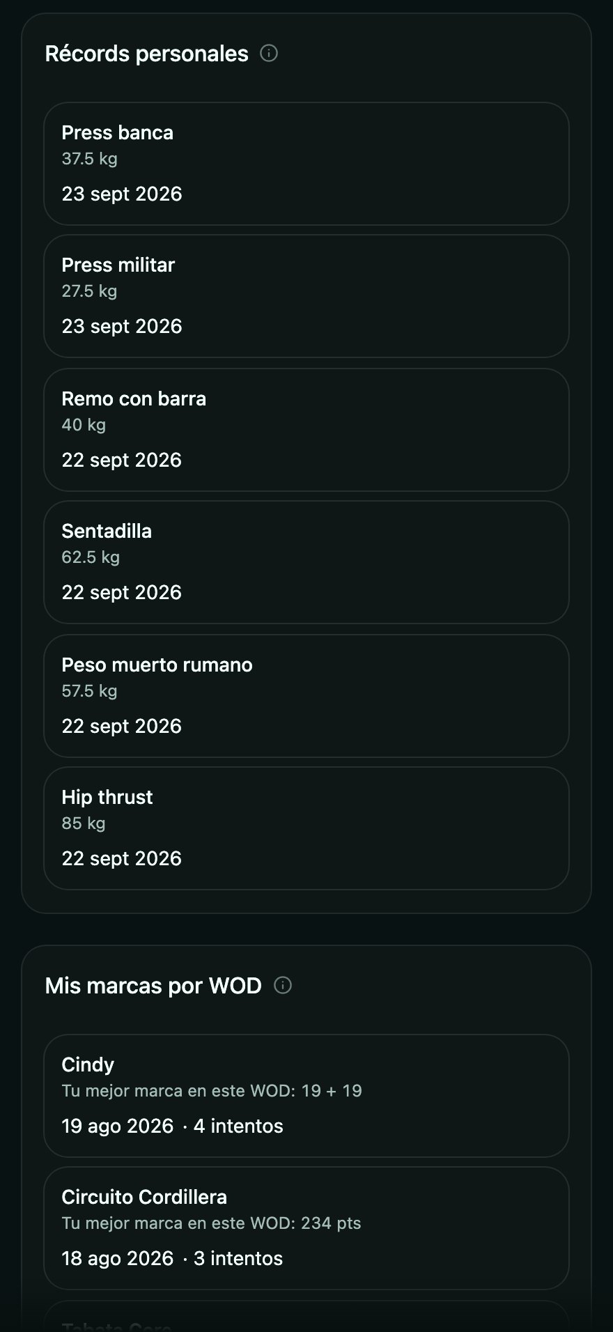 Los récords personales de una socia, ejercicio por ejercicio, y sus mejores marcas en cada WOD.