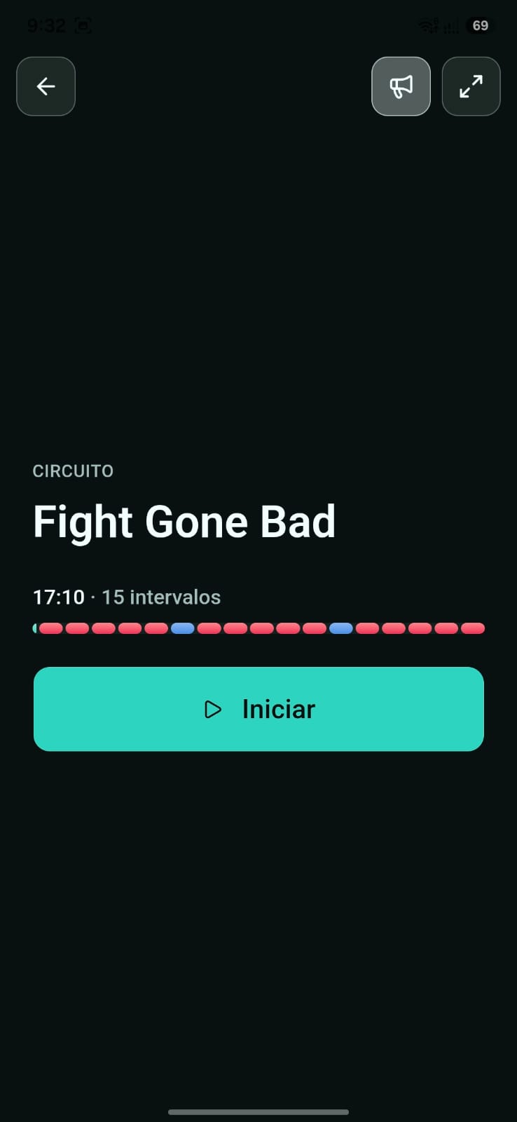 Un WOD tipo circuito llamado Fight Gone Bad, listo para empezar, con sus 15 intervalos a la vista.