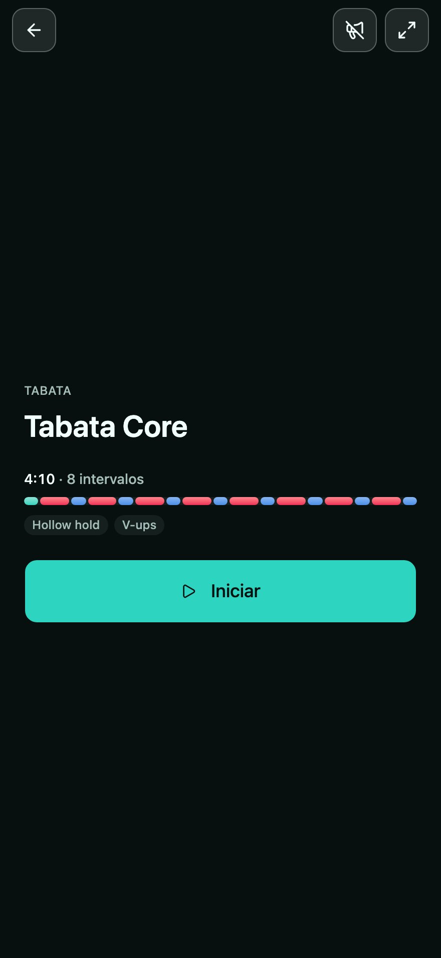 Un Tabata llamado Tabata Core, listo para empezar, con sus 8 intervalos visibles.